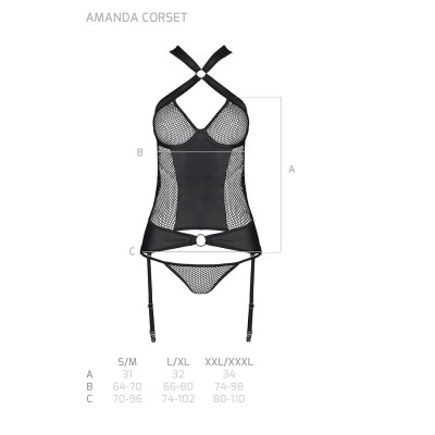 Сітчатий комплект корсет з халтером, знімні підвязки, трусики Amanda Corset Black XXL/3XL-Passion