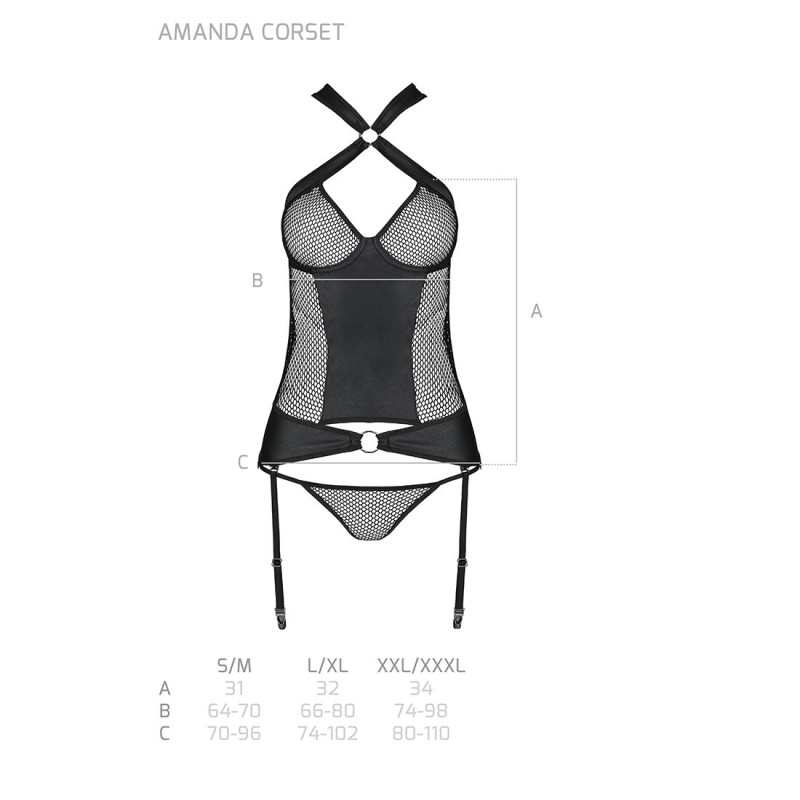 Сітчатий комплект корсет з халтером, знімні підвязки, трусики Amanda Corset black XXL/XXXL-Passion