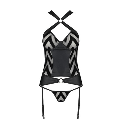 Сітчатий комплект з узором: корсет з халтером, підвязки, трусики Hima Corset black S/M - Passion