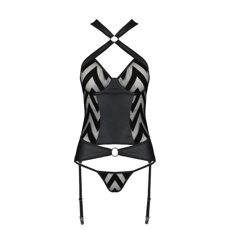 Сітчатий комплект з узором: корсет з халтером, підвязки, трусики Hima Corset black S/M - Passion