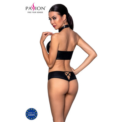 Комплект з еко-шкіри: бра та трусики з імітацією шнуровки Nancy Bikini Black L/XL - Passion
