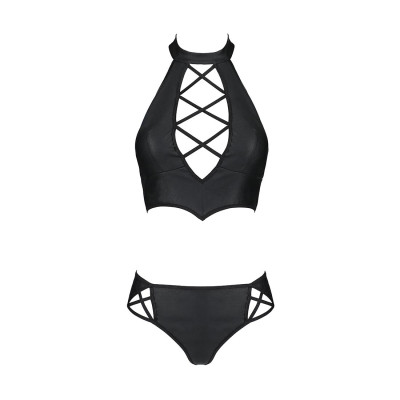 Комплект з еко-шкіри: бра та трусики з імітацією шнуровки Nancy Bikini Black L/XL - Passion