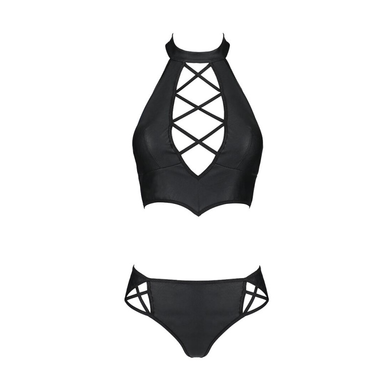 Комплект з еко-шкіри: бра та трусики з імітацією шнуровки Nancy Bikini black L/XL - Passion