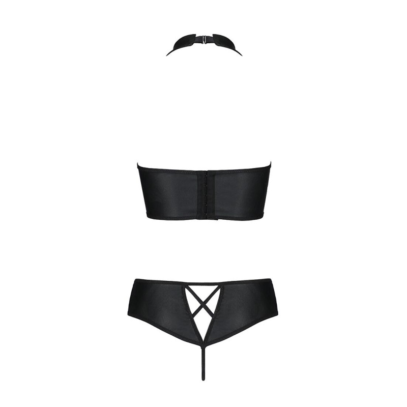 Комплект з еко-шкіри: бра та трусики з імітацією шнуровки Nancy Bikini black L/XL - Passion