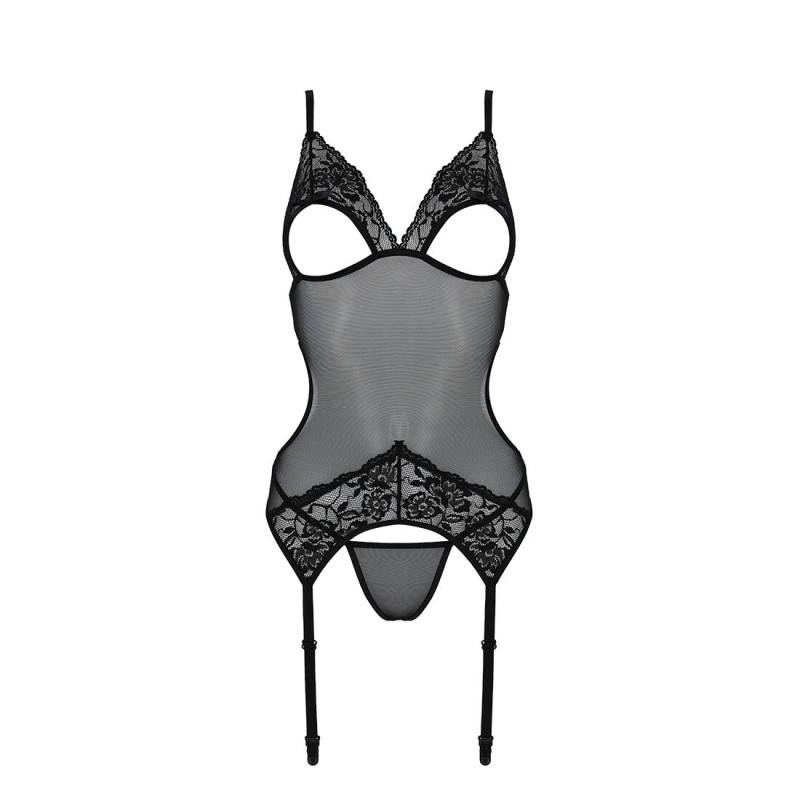Корсет Passion Christa Corset black L/XL: з підв'язками та ажурним ліфом, стрінги в комплекті
