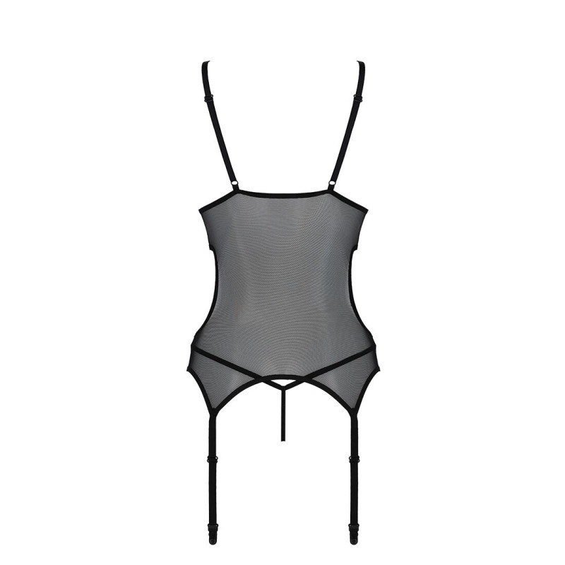 Корсет Passion Christa Corset black L/XL: з підв'язками та ажурним ліфом, стрінги в комплекті