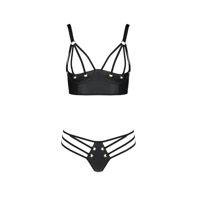 Комплект з еко-шкіри Passion Malwia Bikini black L/XL: з люверсами та ремінцями, бра та трусики