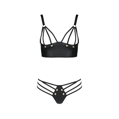 Комплект з еко-шкіри Passion Malwia Bikini black S/M: з люверсами та ремінцями, бра та трусики