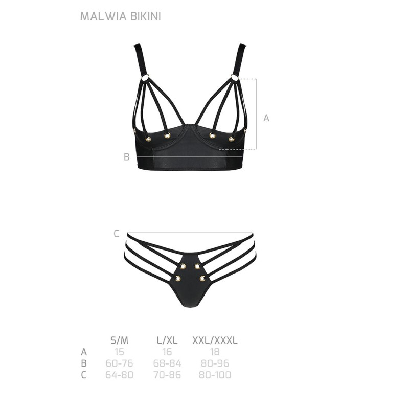 Комплект з еко-шкіри Passion Malwia Bikini black S/M: з люверсами та ремінцями, бра та трусики