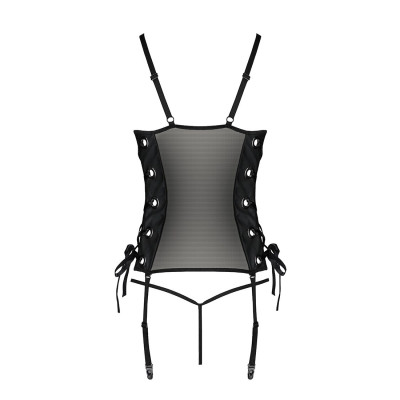 Сетчатый корсет из эко-кожи Passion Malwia Corset black L/XL: с люверсами и съемными пажами