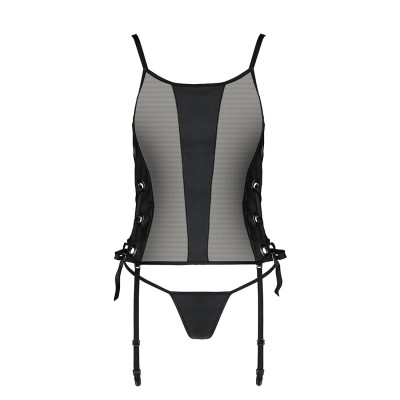 Сетчатый корсет из эко-кожи Passion Malwia Corset Black XXL/3XL: с люверсами и съемными пажами