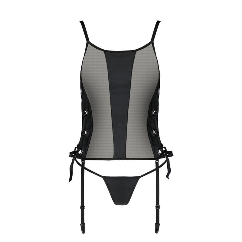 Сетчатый корсет из эко-кожи Passion Malwia Corset black XXL/XXXL: с люверсами и съемными пажами