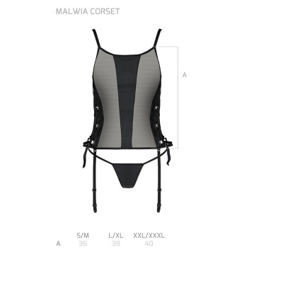 Сетчатый корсет из эко-кожи Passion Malwia Corset Black XXL/3XL: с люверсами и съемными пажами