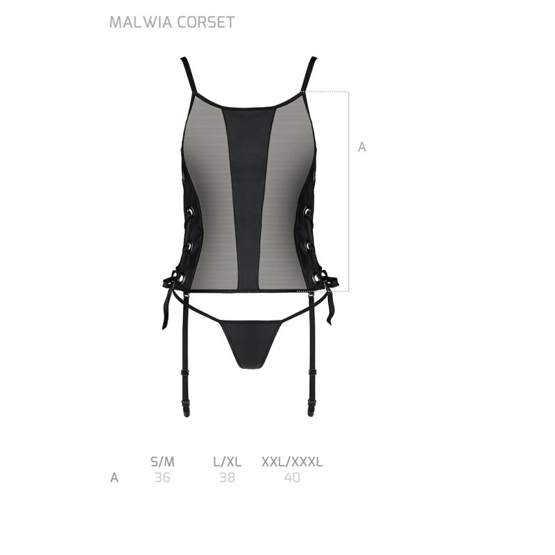 Сетчатый корсет из эко-кожи Passion Malwia Corset black XXL/XXXL: с люверсами и съемными пажами