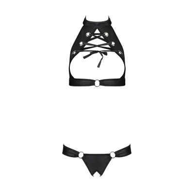 Комплект із еко-шкіри Passion Malwia Set with Open Bra Black L/XL: топ та трусики з люверсами