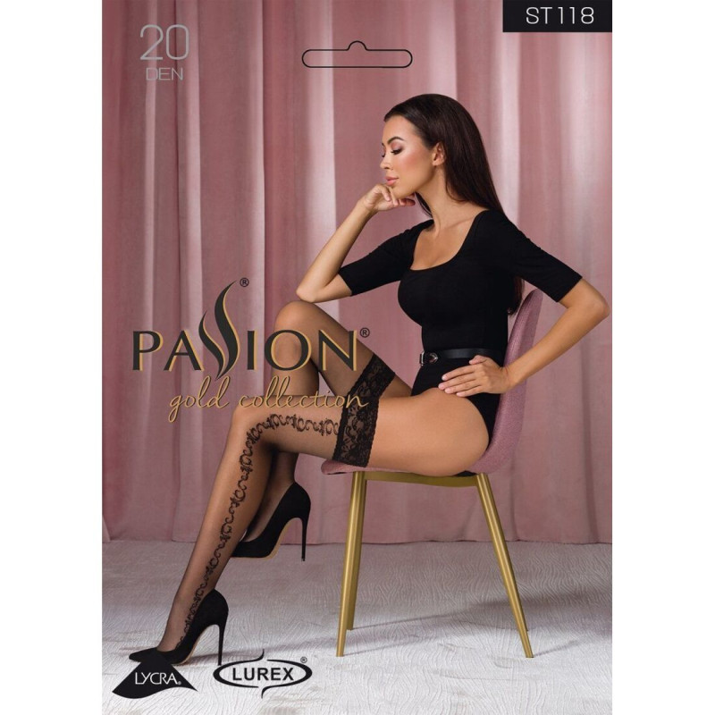 Панчохи Passion ST118 1/2 чорні, на ажурній силіконовій гумці, з бічним вертикальним малюнком