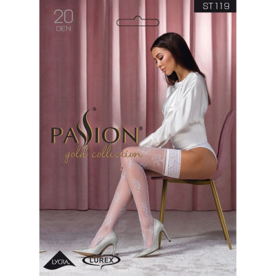 Панчохи Passion ST119 3/4 білі, на ажурній силіконовій гумці, з квітковим декором, люрексова нитка