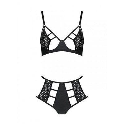 Комплект із еко-шкіри Passion Tamaris Set Black S/M: бюстгальтер та трусики з перфорацією
