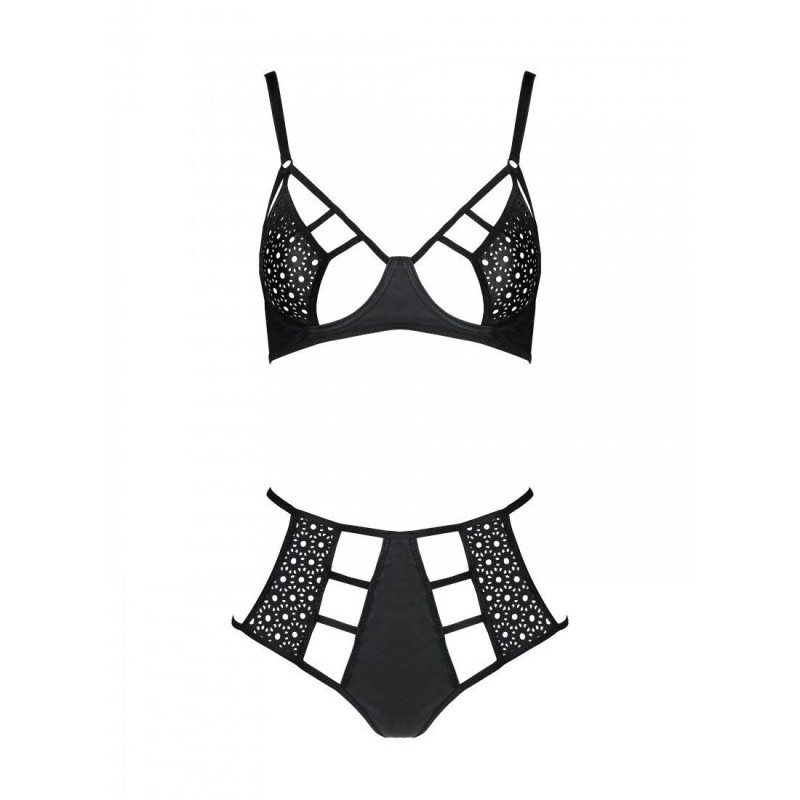 Комплект із еко-шкіри Passion Tamaris Set black S/M: бюстгальтер та трусики з перфорацією