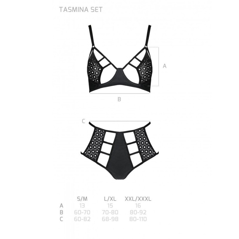 Комплект із еко-шкіри Passion Tamaris Set black S/M: бюстгальтер та трусики з перфорацією