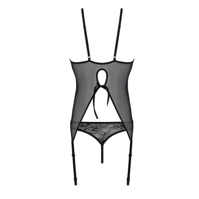Корсет Passion Ursula Corset black L/XL, з пажами, трусики з ажурним декором та відкритим кроком