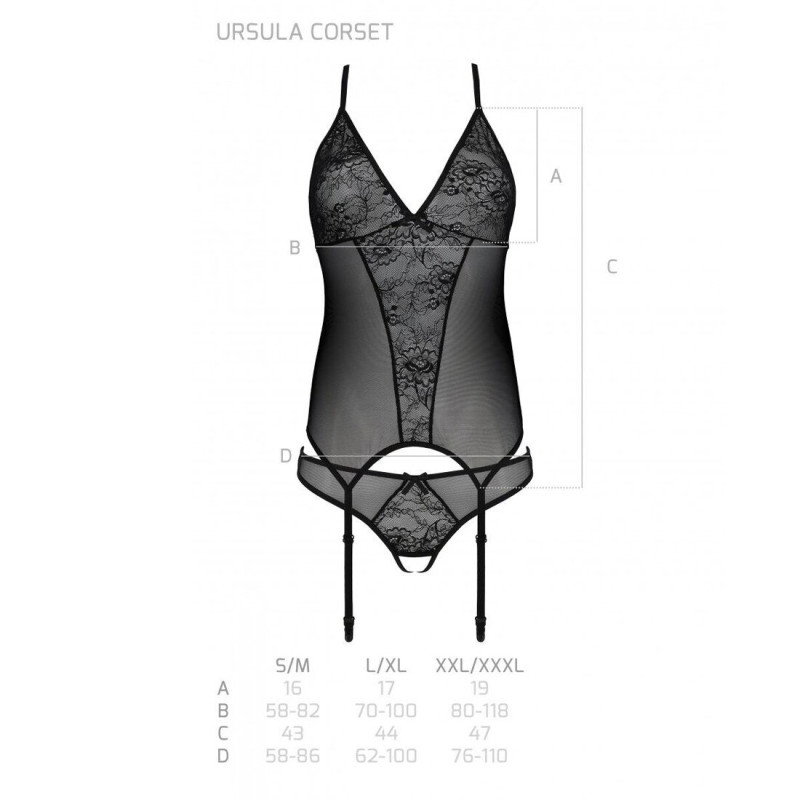 Корсет Passion Ursula Corset black L/XL, з пажами, трусики з ажурним декором та відкритим кроком