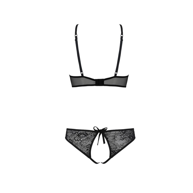 Комплект Passion URSULA SET black XXL/XXXL: бра, трусики з ажурним декором та відкритим кроком