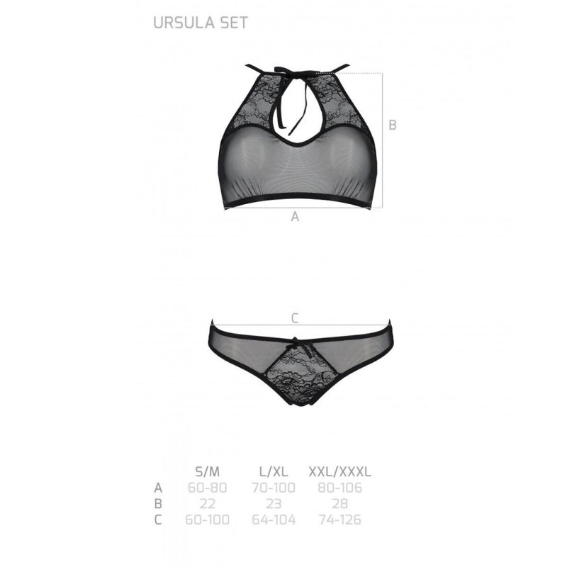 Комплект Passion URSULA SET black XXL/XXXL: бра, трусики з ажурним декором та відкритим кроком