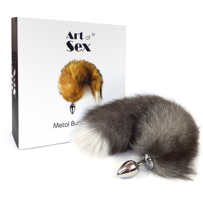 Металева анальна пробка із хвостом з натурального хутра Art of Sex size M Artctic fox
