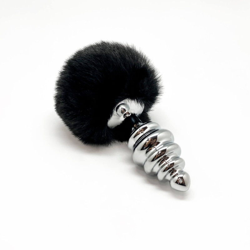 Металева анальна пробка Кролячий хвостик Alive Fluffly Twist Plug L Black