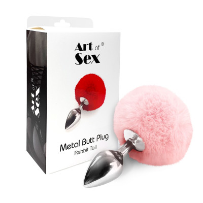 Металевий анальний плаг М Art of Sex - Metal Butt plug Rabbit Tail, Ніжно-рожевий