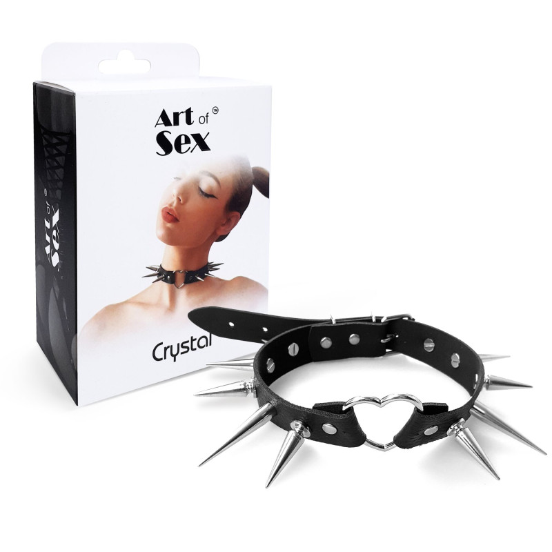 Чокер серце з великими шипами, із натуральної шкіри Art of Sex - Crystal, чорний