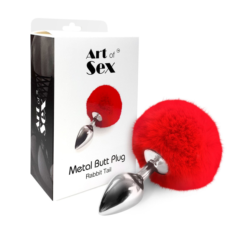 Металева анальна пробка М Art of Sex - Metal Butt plug Rabbit Tail, Червона