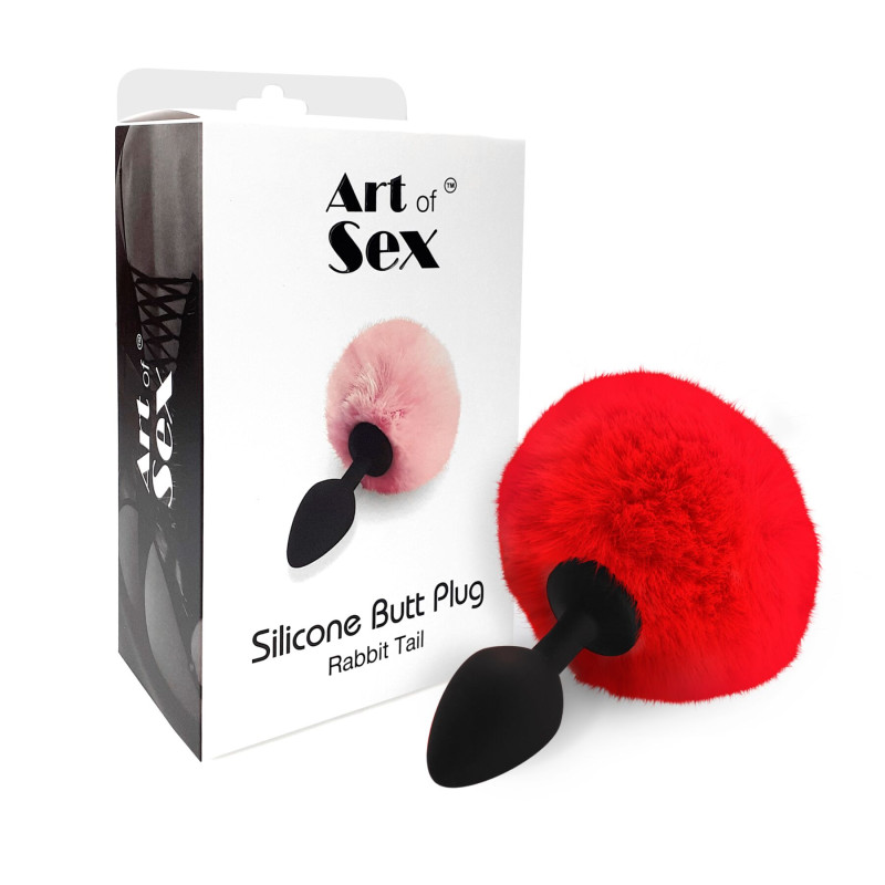 Силіконова анальна пробка Art of Sex - Silicone Butt plug Rabbit Tail М, Червона