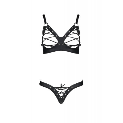 Комплект з екошкіри CELINE BIKINI 4XL/5XL — Passion: відкритий бра зі стрічками, стрінги зі шнурівкою