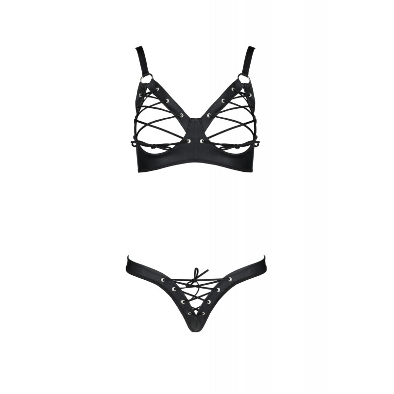 Комплект з екошкіри CELINE BIKINI 4XL/5XL — Passion: відкритий бра зі стрічками, стрінги зі шнурівкою