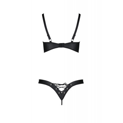 Комплект з екошкіри CELINE BIKINI 4XL/5XL — Passion: відкритий бра зі стрічками, стрінги зі шнурівкою