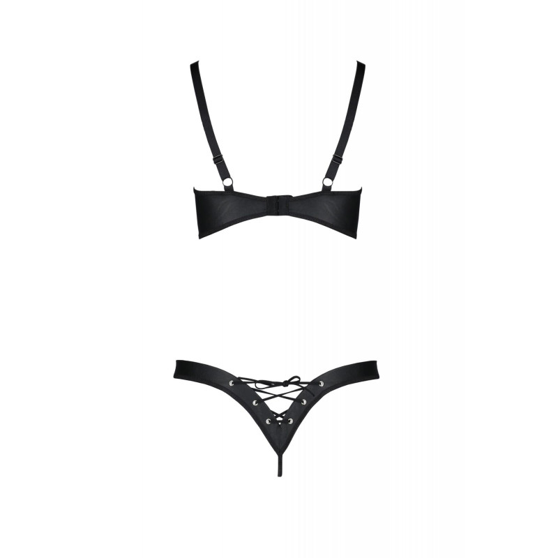 Комплект з екошкіри CELINE BIKINI 4XL/5XL — Passion: відкритий бра зі стрічками, стрінги зі шнурівкою