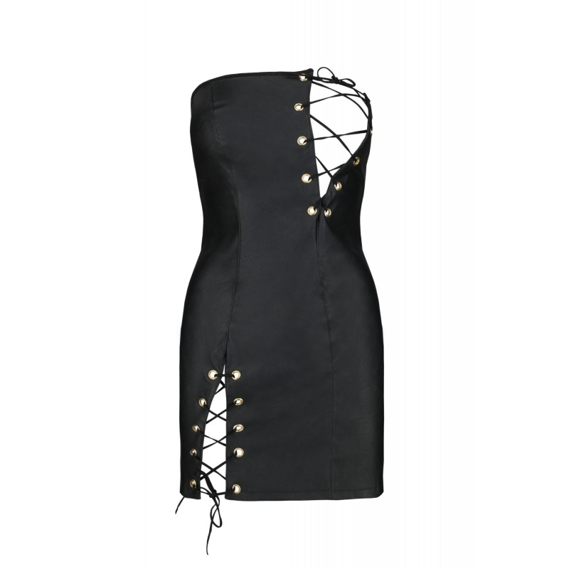 Міні-сукня з екошкіри CELINE CHEMISE black 4XL/5XL — Passion: шнурівка, трусики в комплекті