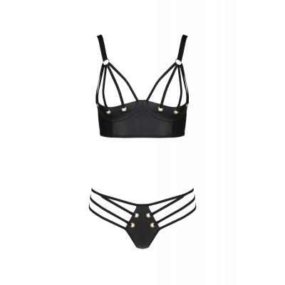 Комплект з еко-шкіри з люверсами та ремінцями Malwia Bikini black 6XL/7XL — Passion, бра та трусики
