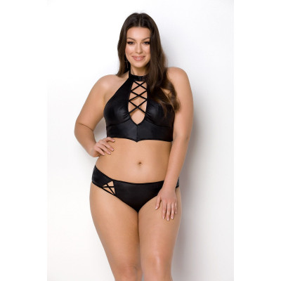Комплект з еко-шкіри Nancy Bikini Black 4XL/5XL - Passion, бра та трусики з імітацією шнурівки