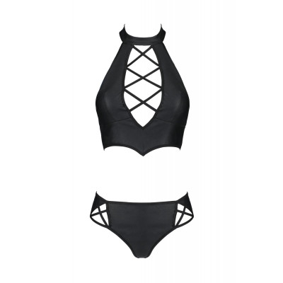 Комплект з еко-шкіри Nancy Bikini black 4XL/5XL - Passion, бра та трусики з імітацією шнурівки