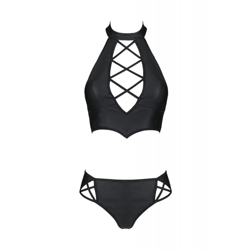 Комплект з еко-шкіри Nancy Bikini black 4XL/5XL - Passion, бра та трусики з імітацією шнурівки