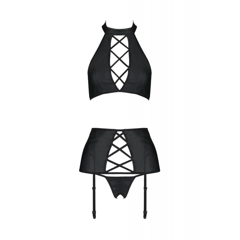 Комплект з імітацією шнурівки Nancy Set black 4XL/5XL - Passion топ, трусики та пояс для панчох