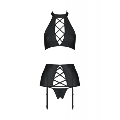 Комплект з імітацією шнурівки Nancy Set Black 6XL/7XL - Passion топ, трусики та пояс для панчох