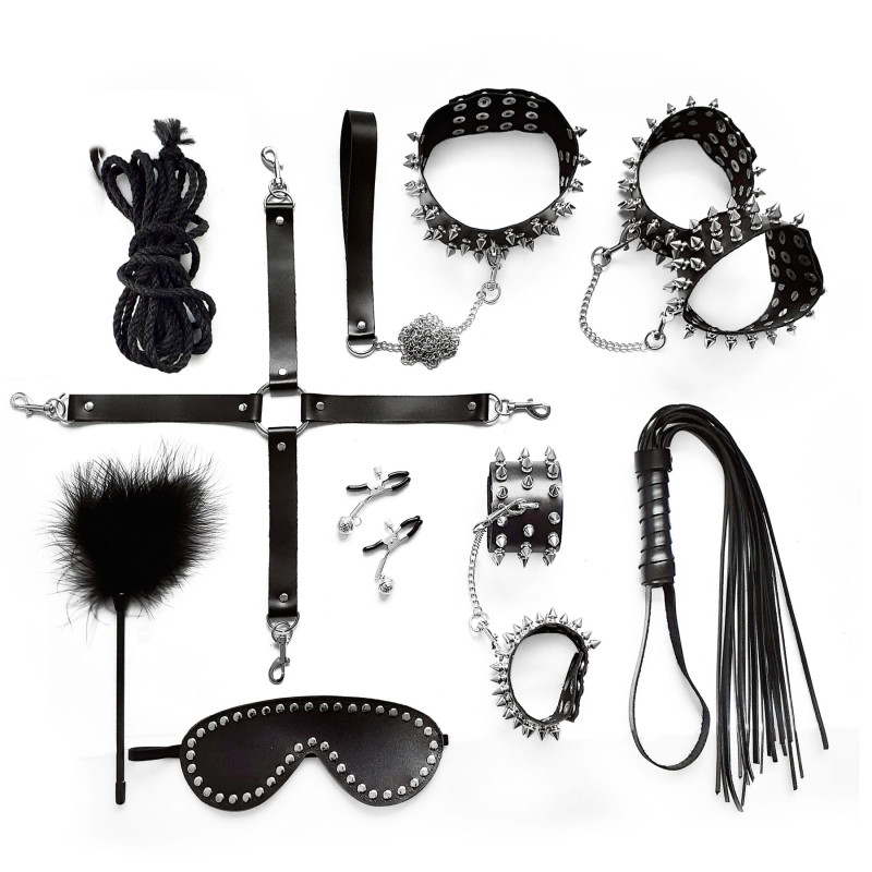 Набір для БДСМ Art of Sex - Spikes BDSM Set Leather, 10 предметів, натуральна шкіра, Чорний