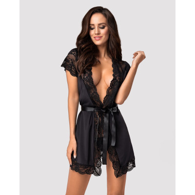 Пеньюар із поясом сатиновий Obsessive 810-PEI-1 XXL, чорний