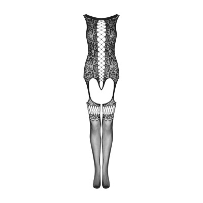 Бодістокінг Obsessive Bodystocking F236 S/L, глибоке декольте, імітація шнурівки