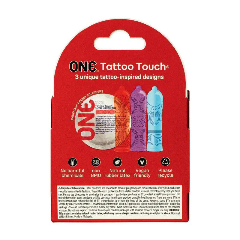 Презервативи ONE Tattoo Touch 3 шт, картонна коробка (м'ята упаковка)