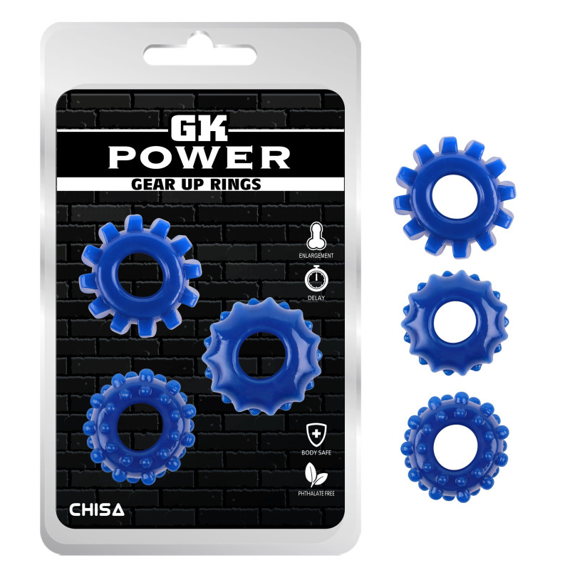 Набір ерекційних кілець Chisa GK Power Cock Rings із рельєфом, сині, 3 шт.
